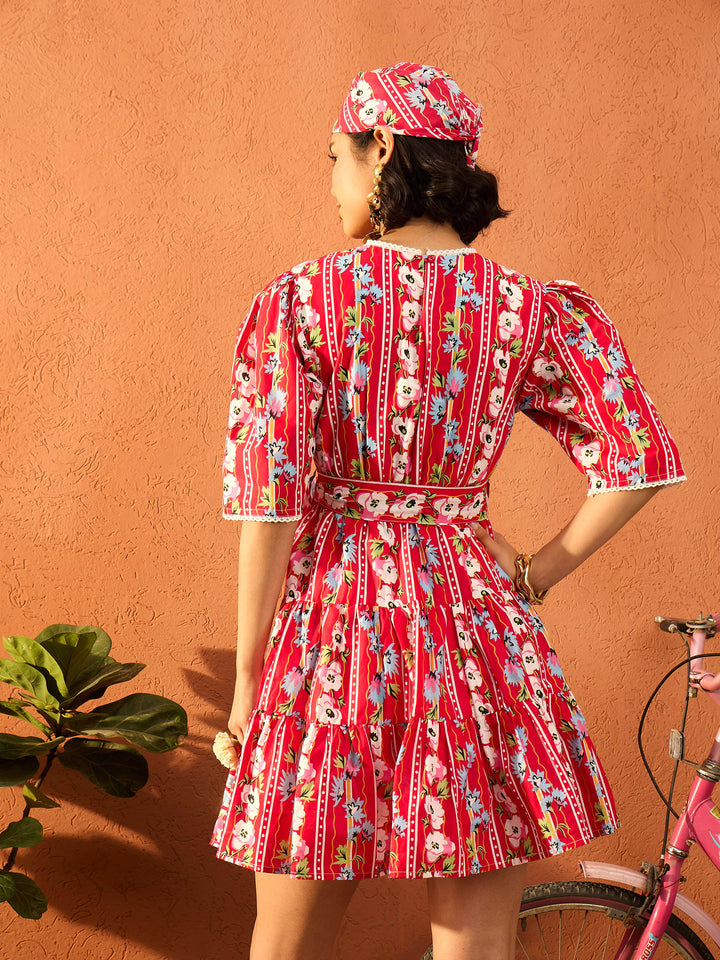 Women Red Floral Round Neck Short Tired Dress