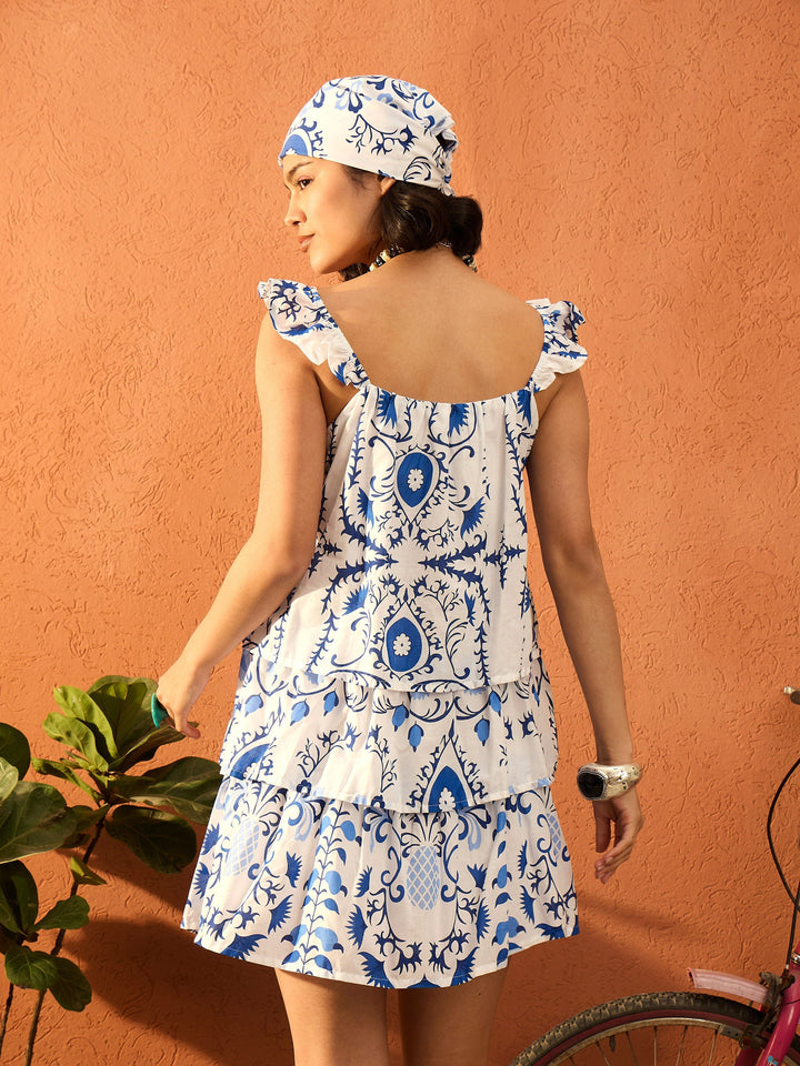 Women Blue &amp; White Floral Strappy Tired Frill Short Dress