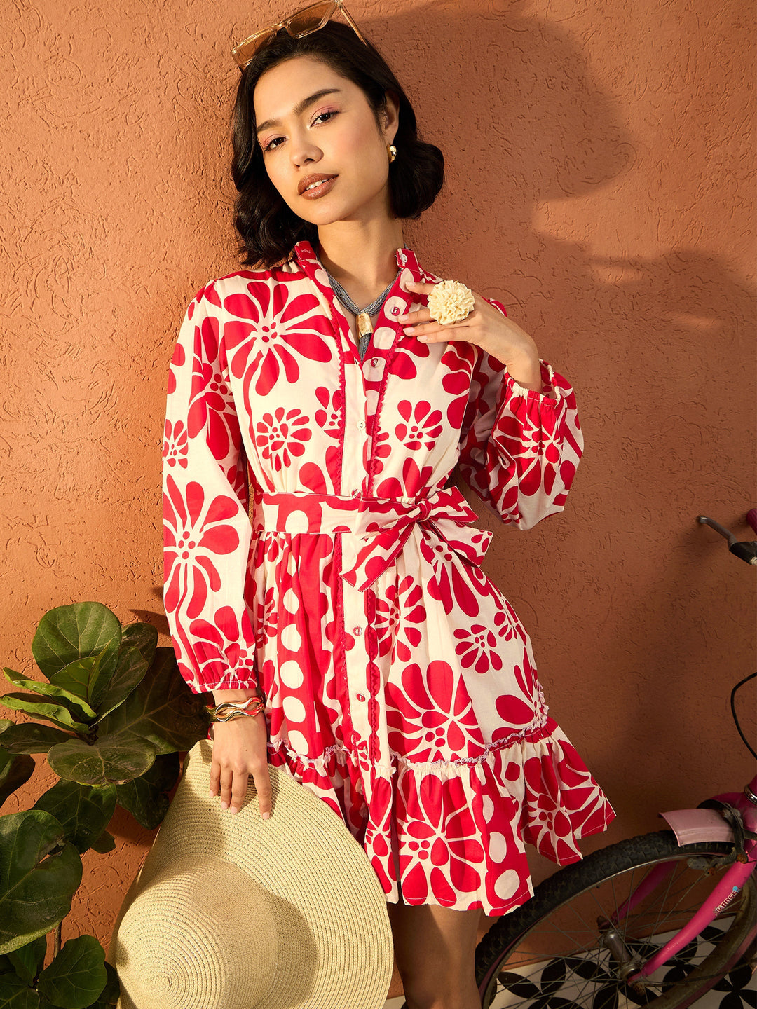 Women Red &amp; Beige Floral Front Button Short Dress