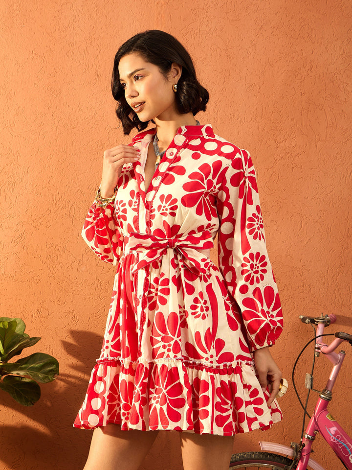 Women Red &amp; Beige Floral Front Button Short Dress