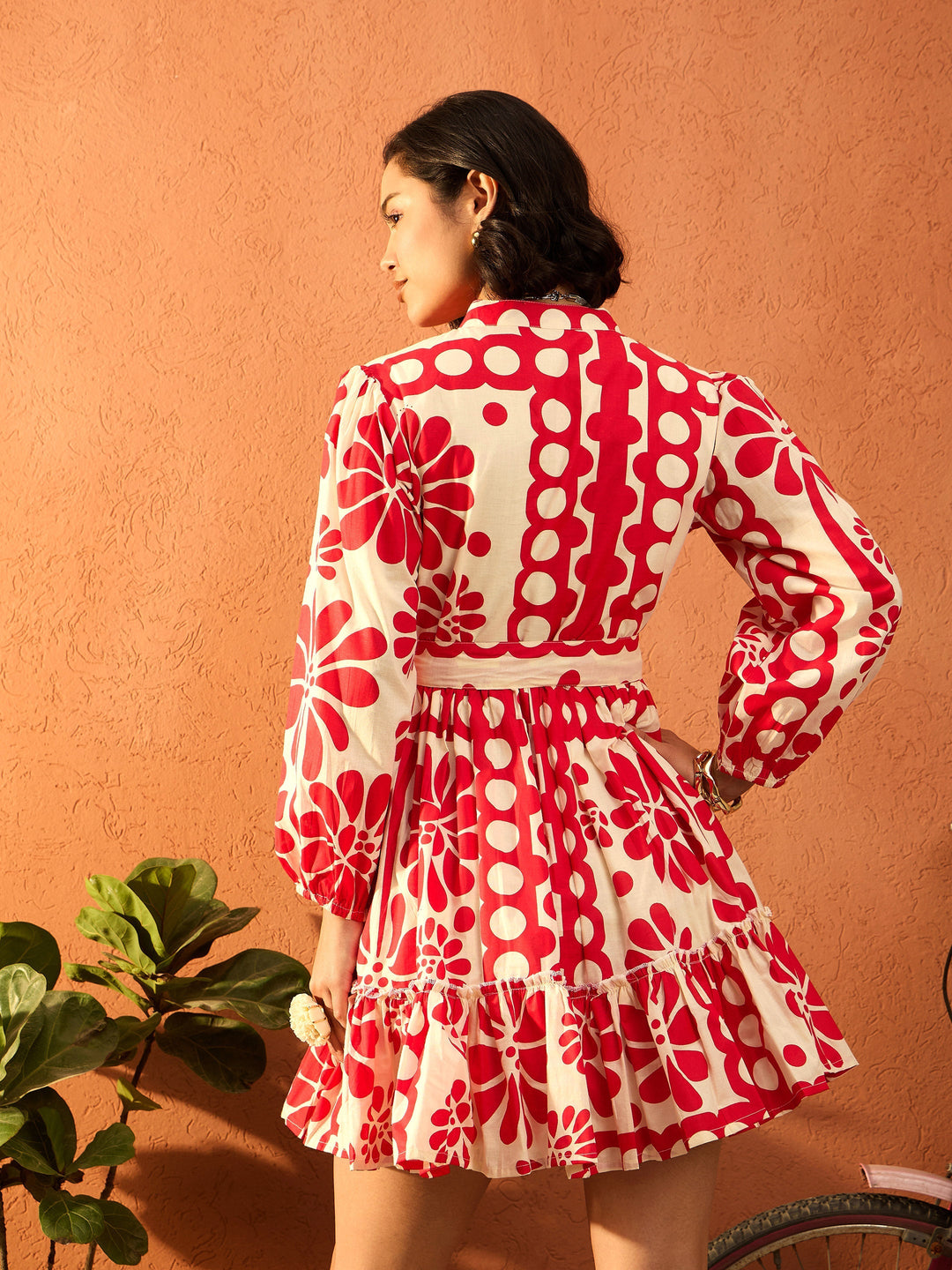 Women Red &amp; Beige Floral Front Button Short Dress