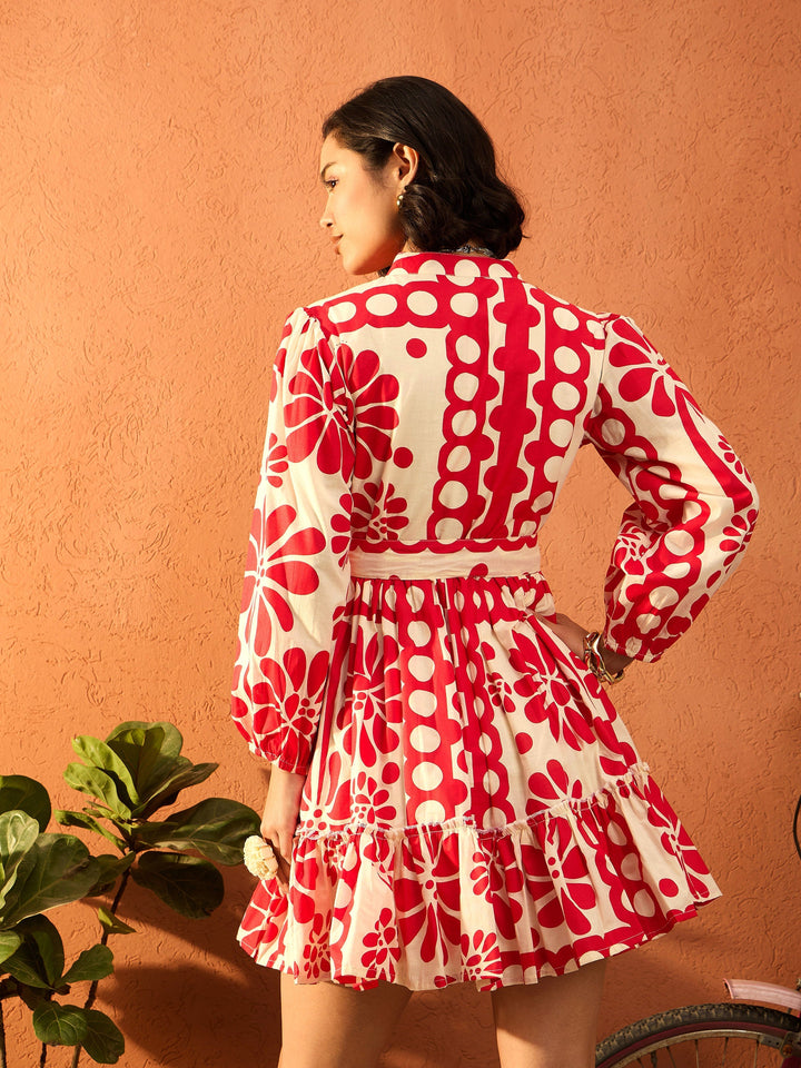 Women Red &amp; Beige Floral Front Button Short Dress