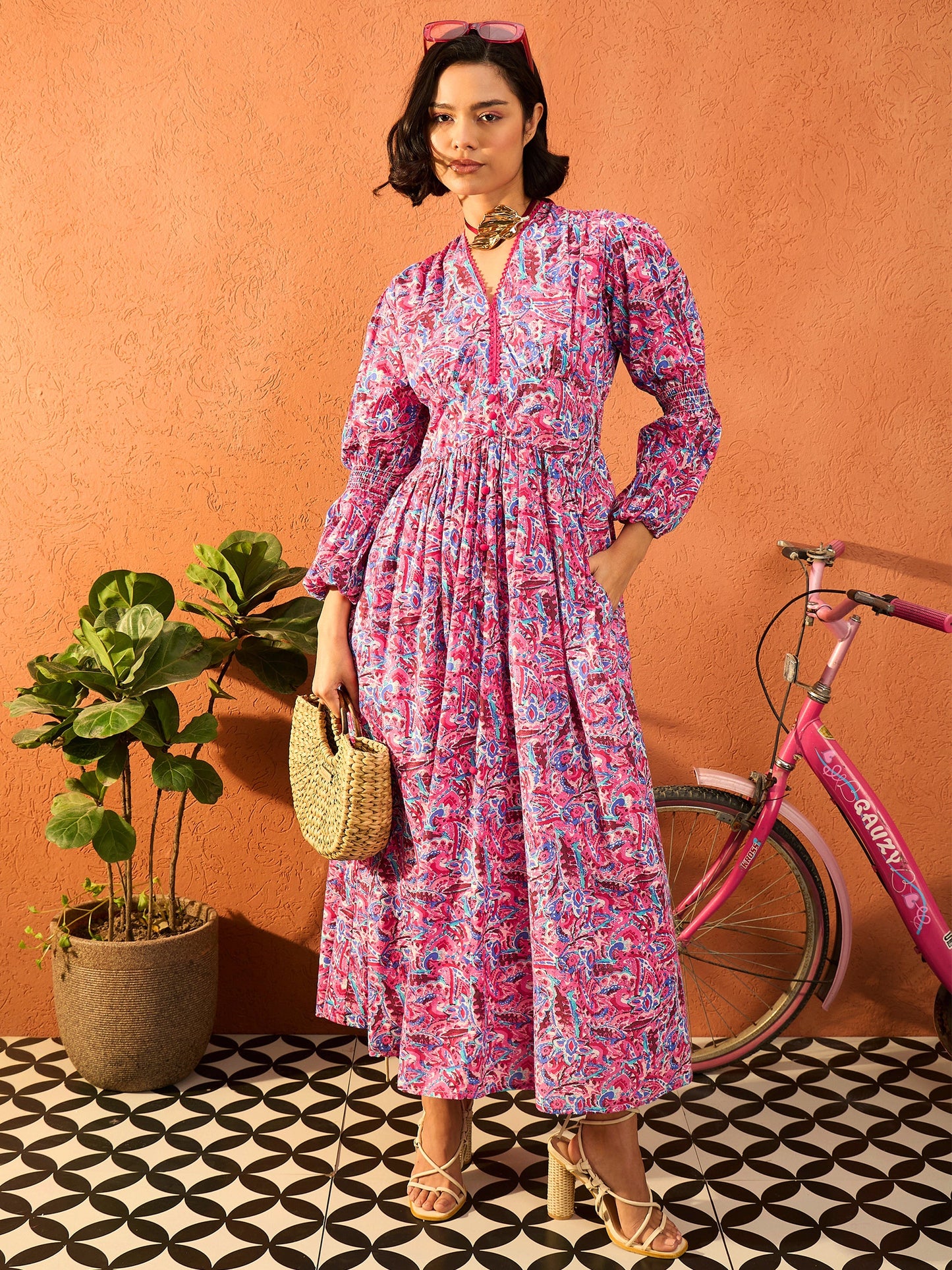 Women Pink Paisley V Neck Gathered Maxi Dress