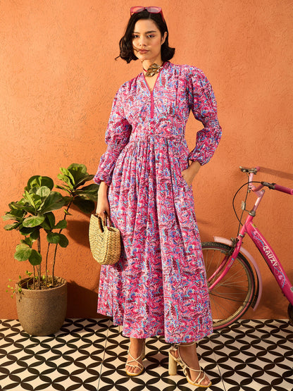 Women Pink Paisley V Neck Gathered Maxi Dress