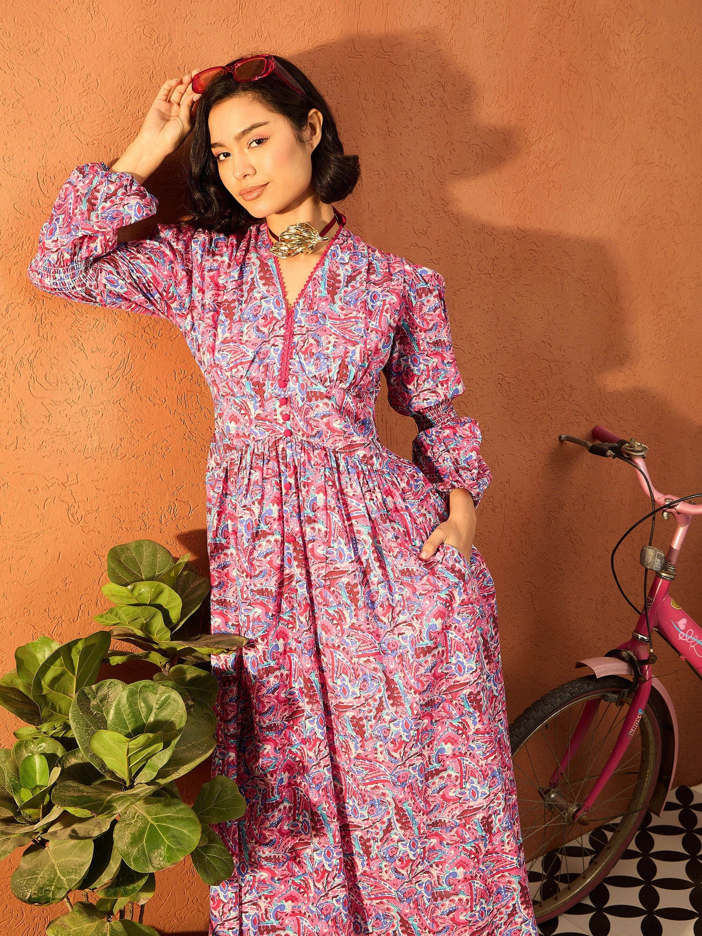 Women Pink Paisley V Neck Gathered Maxi Dress