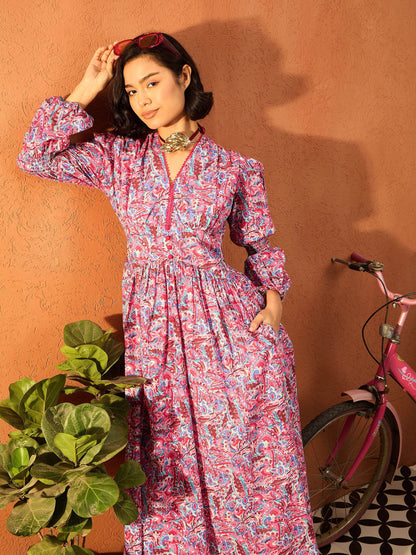 Women Pink Paisley V Neck Gathered Maxi Dress