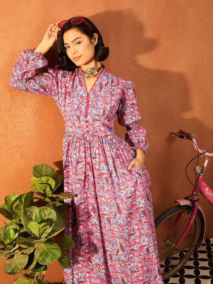 Women Pink Paisley V Neck Gathered Maxi Dress