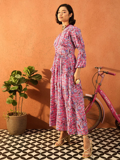 Women Pink Paisley V Neck Gathered Maxi Dress