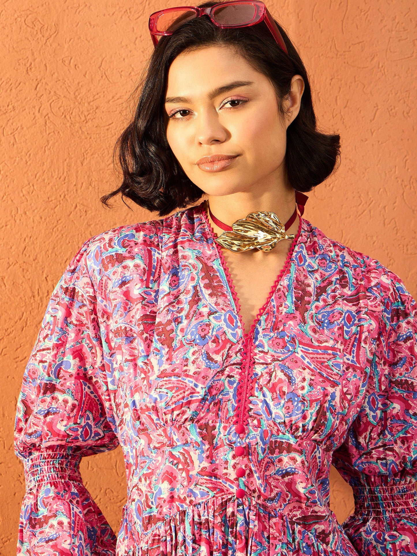 Women Pink Paisley V Neck Gathered Maxi Dress