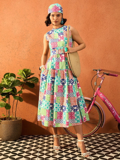 White Multi Geometric Round Neck Tiered Midi Dress
