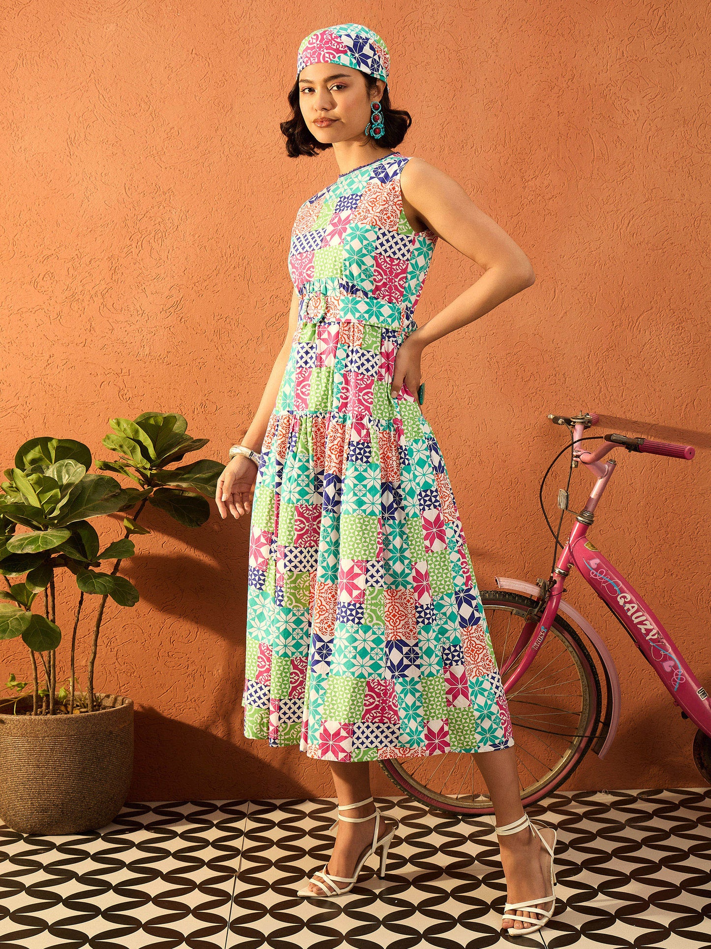 White Multi Geometric Round Neck Tiered Midi Dress
