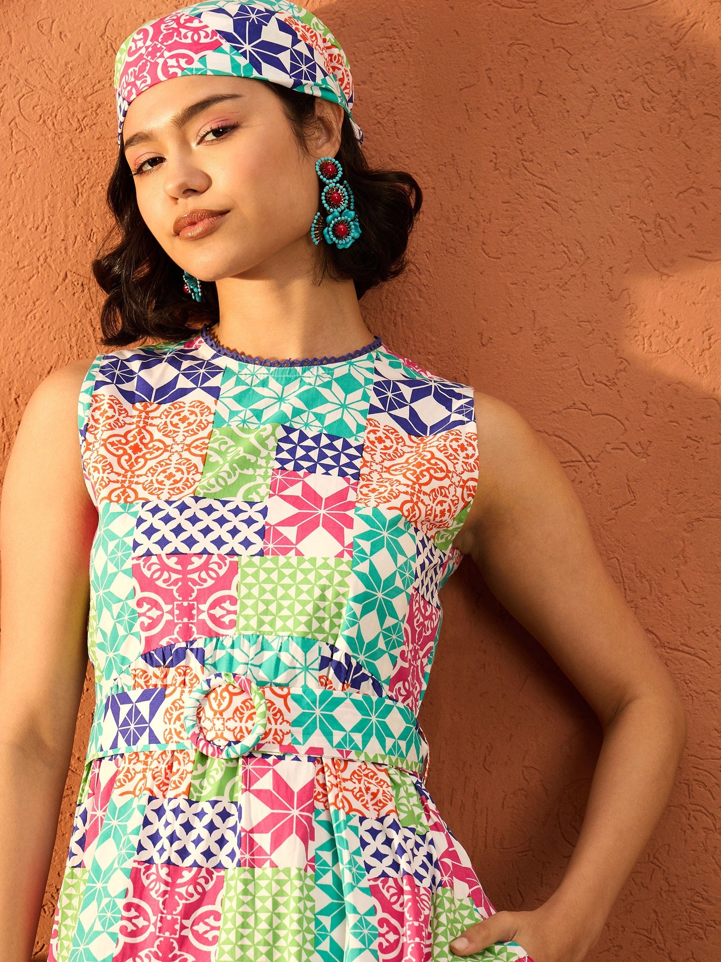 White Multi Geometric Round Neck Tiered Midi Dress