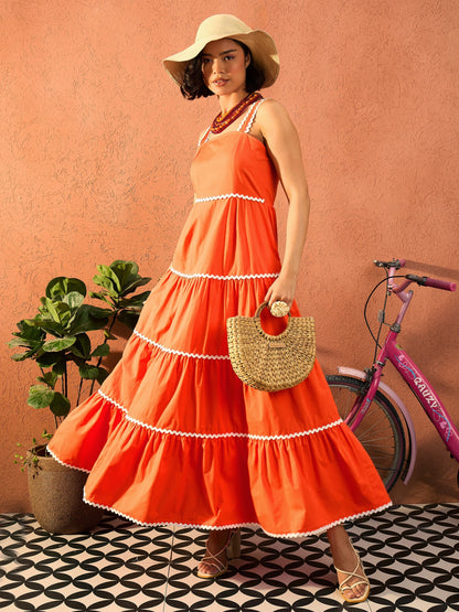 Women Orange Ric Rac Lace Strappy Tiered Maxi Dress