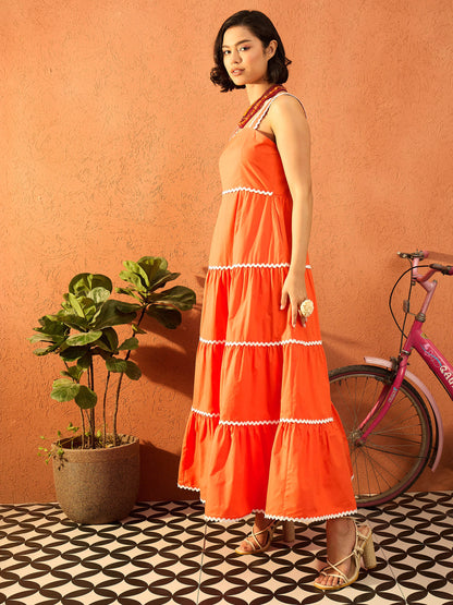 Women Orange Ric Rac Lace Strappy Tiered Maxi Dress
