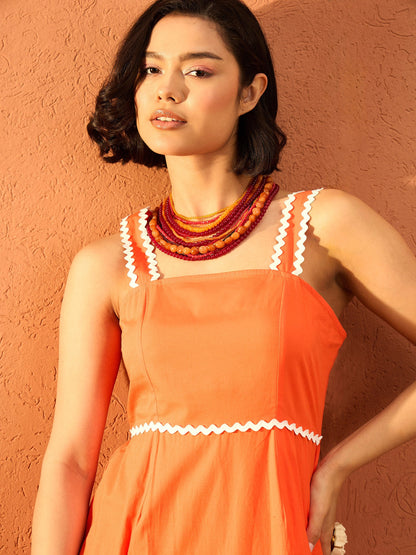 Women Orange Ric Rac Lace Strappy Tiered Maxi Dress