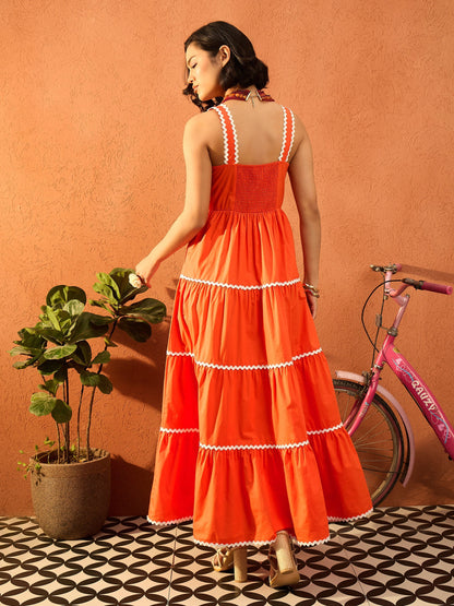 Women Orange Ric Rac Lace Strappy Tiered Maxi Dress
