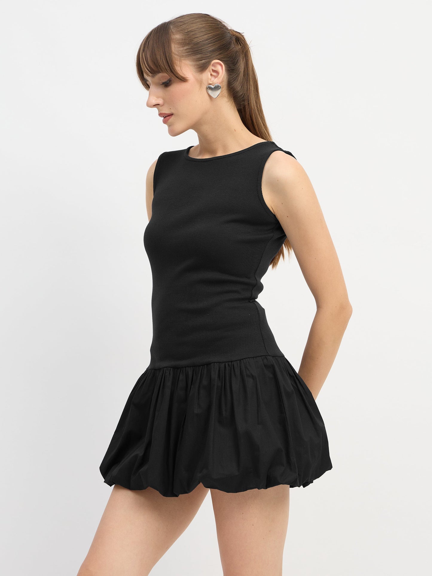 Women Black Rib Balloon Hem Detail Short Dress