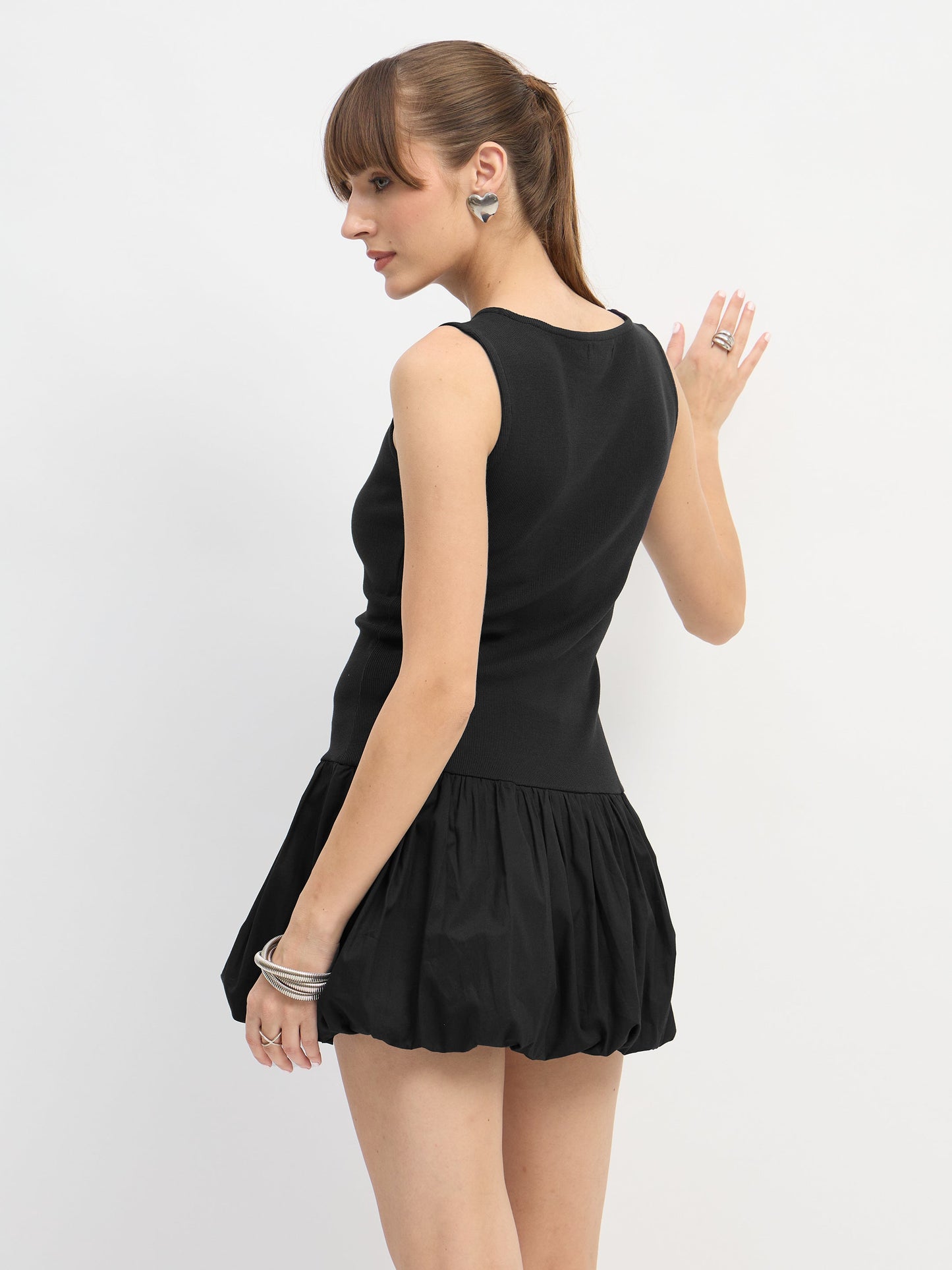 Women Black Rib Balloon Hem Detail Short Dress