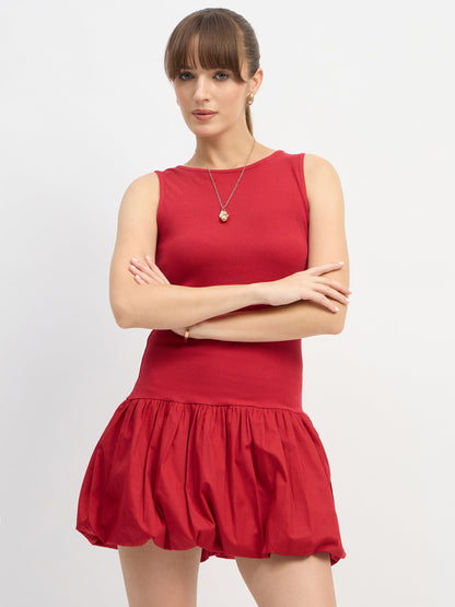 Women Red Rib Balloon Hem Detail Short Dress