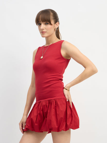 Women Red Rib Balloon Hem Detail Short Dress