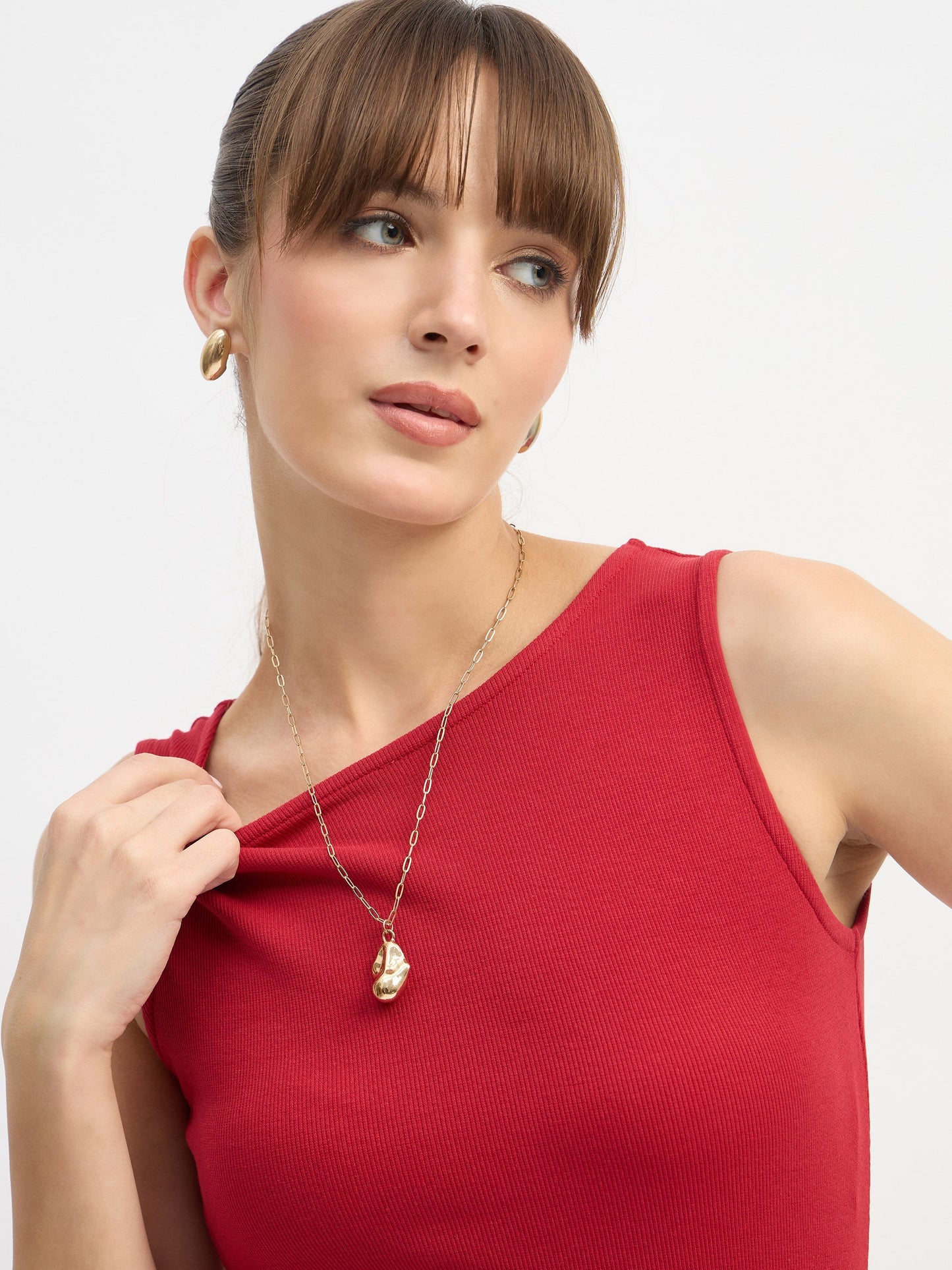 Women Red Rib Balloon Hem Detail Short Dress