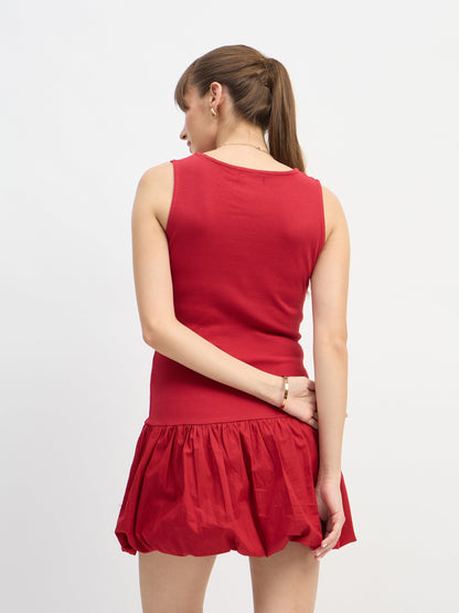 Women Red Rib Balloon Hem Detail Short Dress
