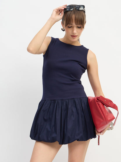 Women Navy Blue Rib Balloon Hem Detail Short Dress