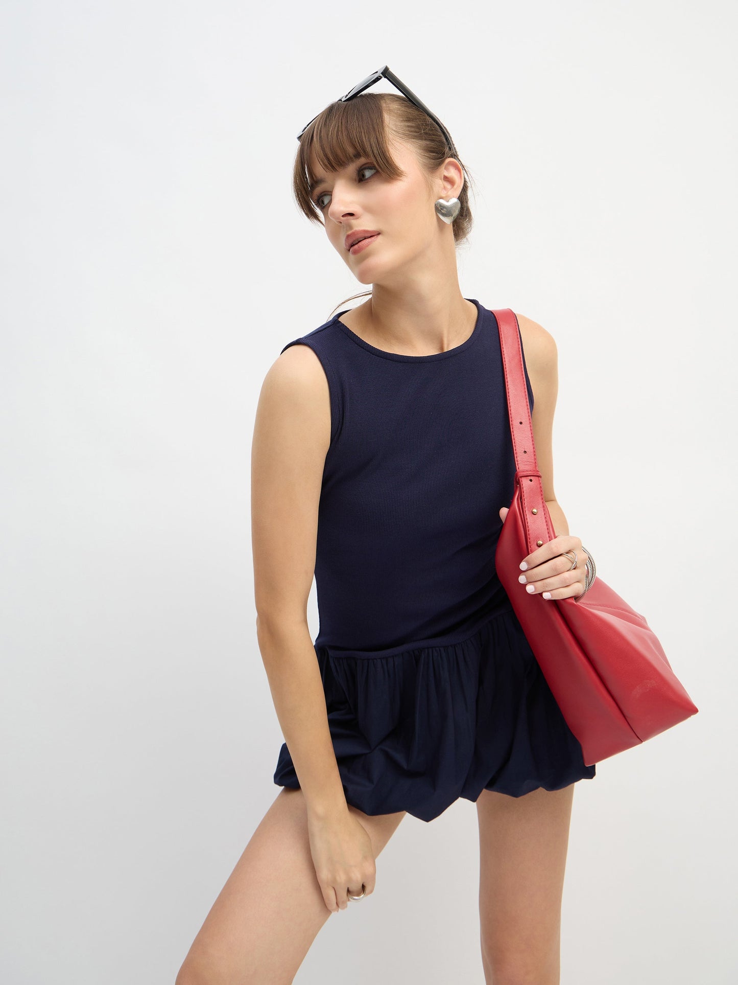 Women Navy Blue Rib Balloon Hem Detail Short Dress