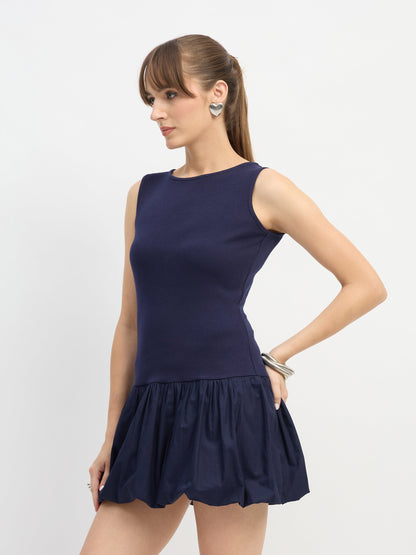 Women Navy Blue Rib Balloon Hem Detail Short Dress