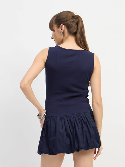Women Navy Blue Rib Balloon Hem Detail Short Dress