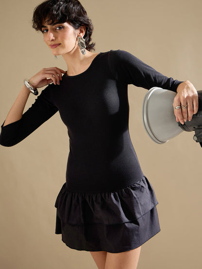Black Rib Ruffle Hem Short Dress