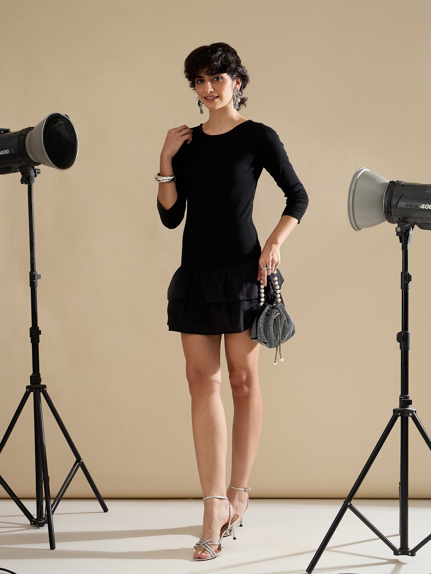 Black Rib Ruffle Hem Short Dress