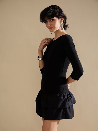 Black Rib Ruffle Hem Short Dress