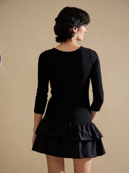 Black Rib Ruffle Hem Short Dress