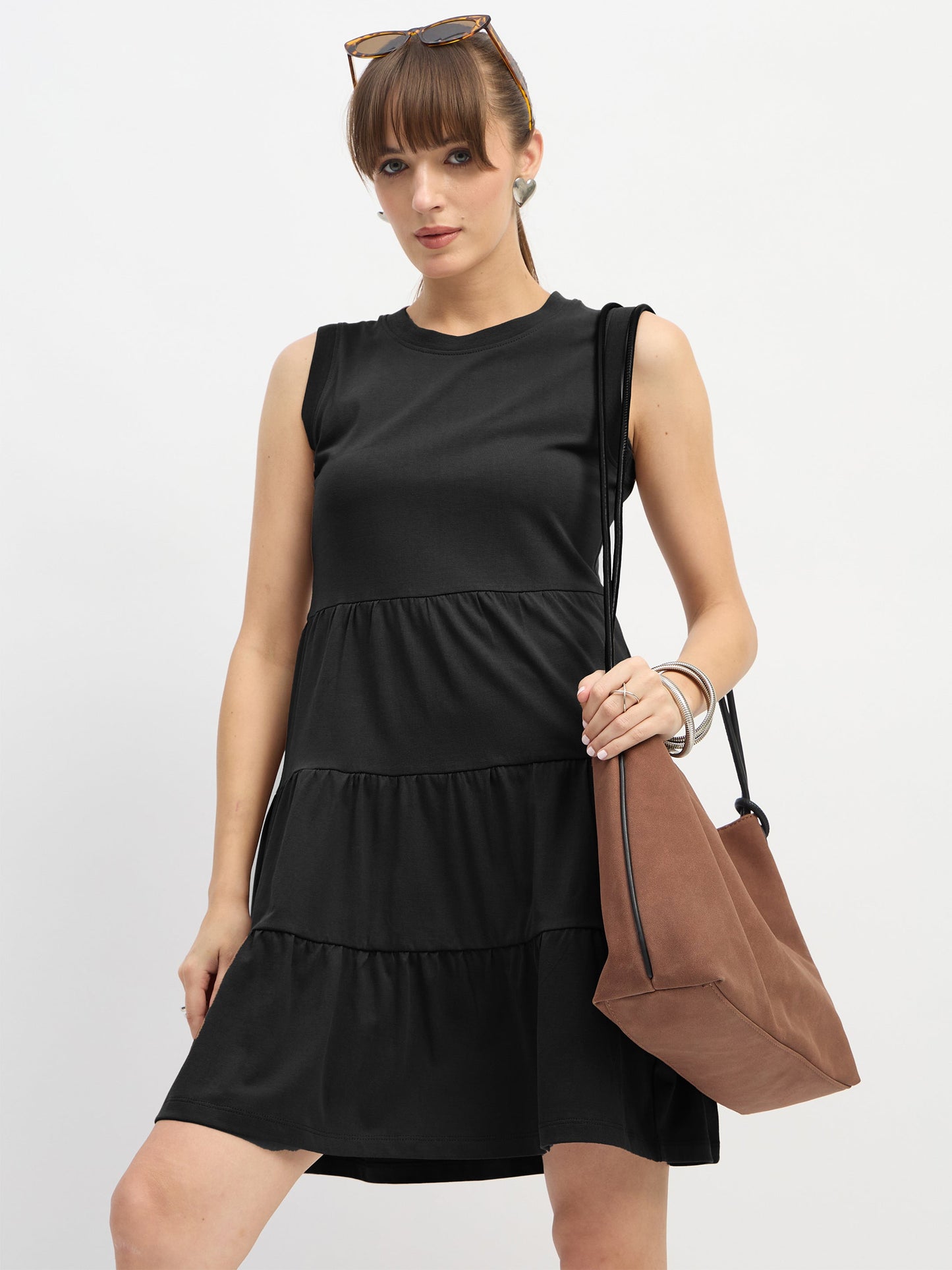 Women Black Jersey Sleeveless Tiered Short Dress