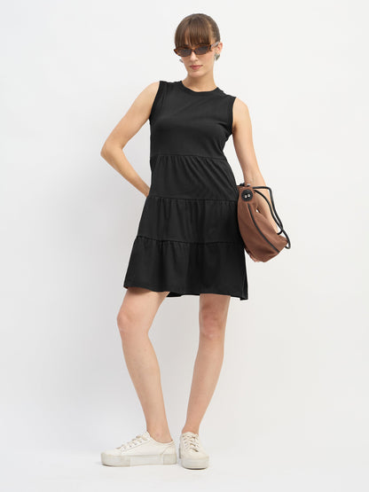 Women Black Jersey Sleeveless Tiered Short Dress