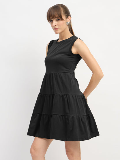Women Black Jersey Sleeveless Tiered Short Dress