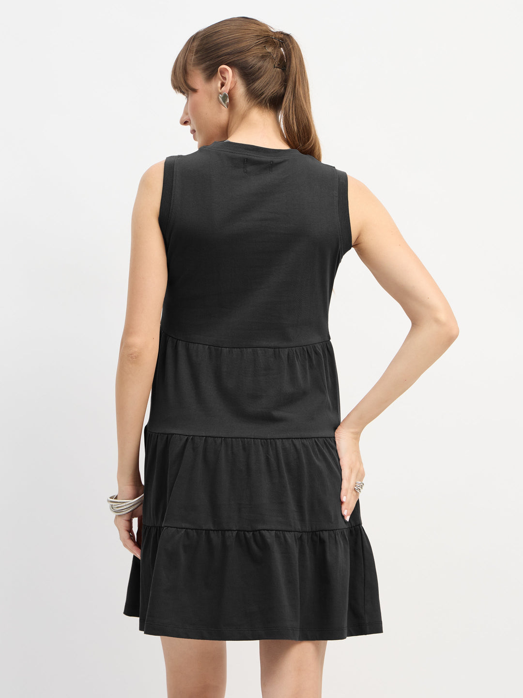 Women Black Jersey Sleeveless Tiered Short Dress