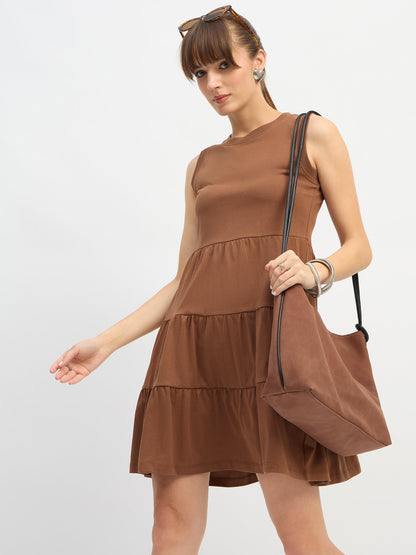 Women Brown Jersey Sleeveless Tiered Short Dress