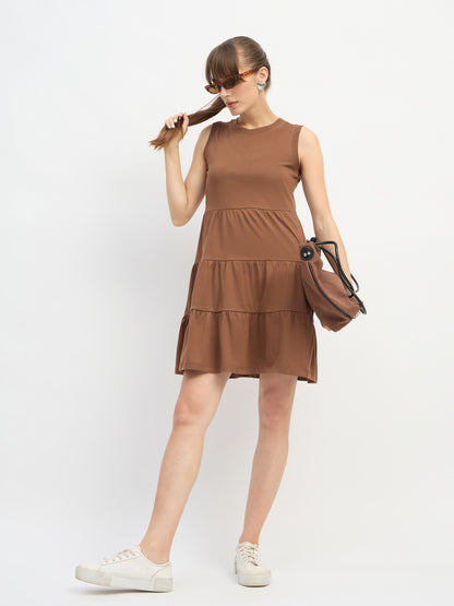 Women Brown Jersey Sleeveless Tiered Short Dress