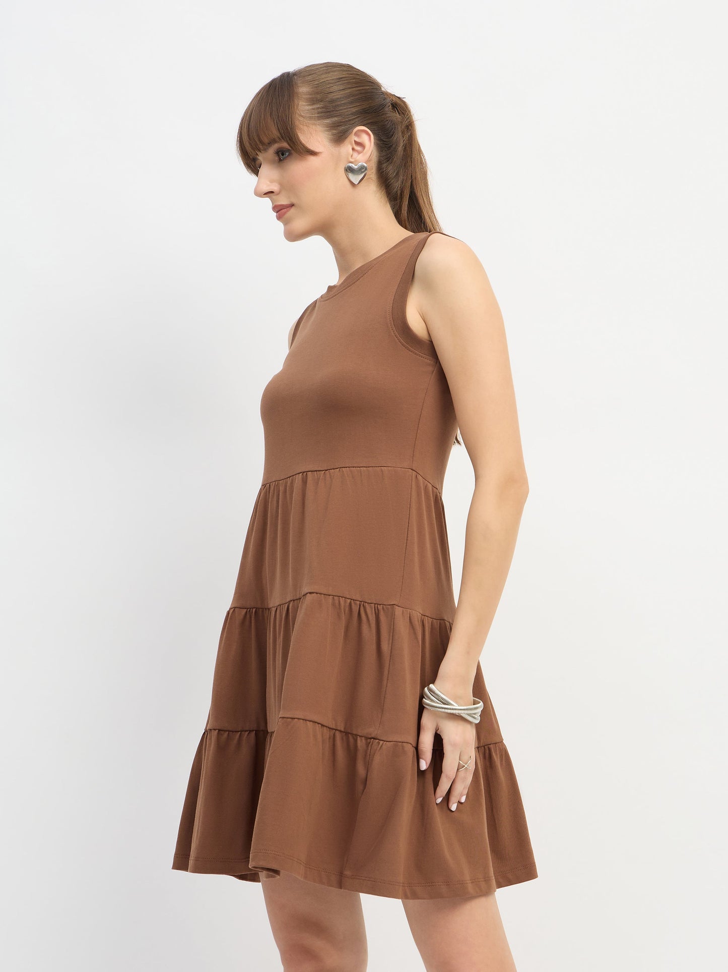 Women Brown Jersey Sleeveless Tiered Short Dress