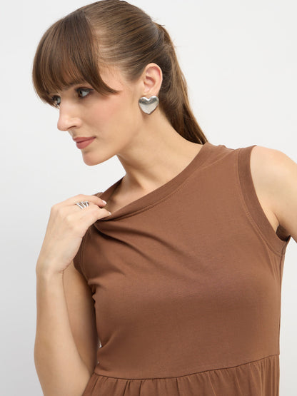 Women Brown Jersey Sleeveless Tiered Short Dress