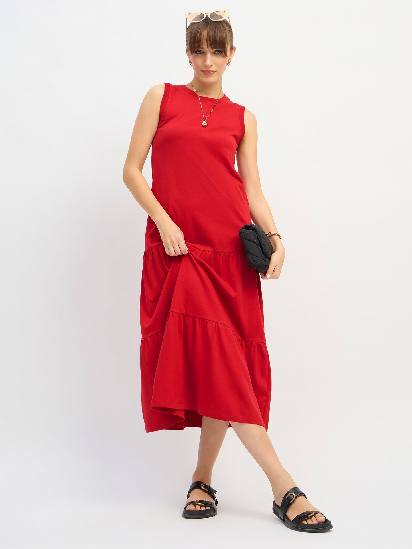 Women Red Sleeveless Tiered Midi Dress