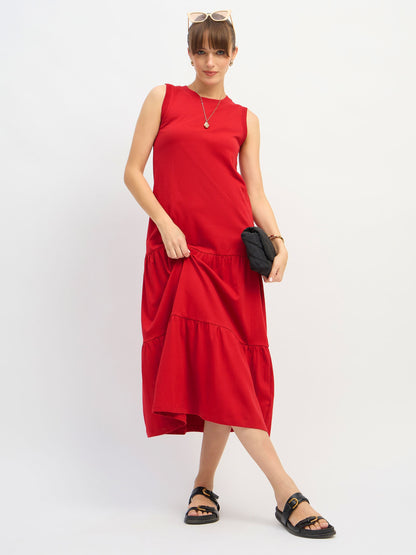 Women Red Sleeveless Tiered Midi Dress