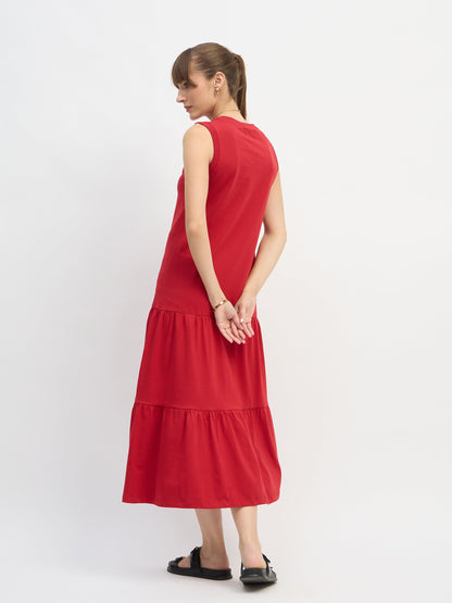 Women Red Sleeveless Tiered Midi Dress
