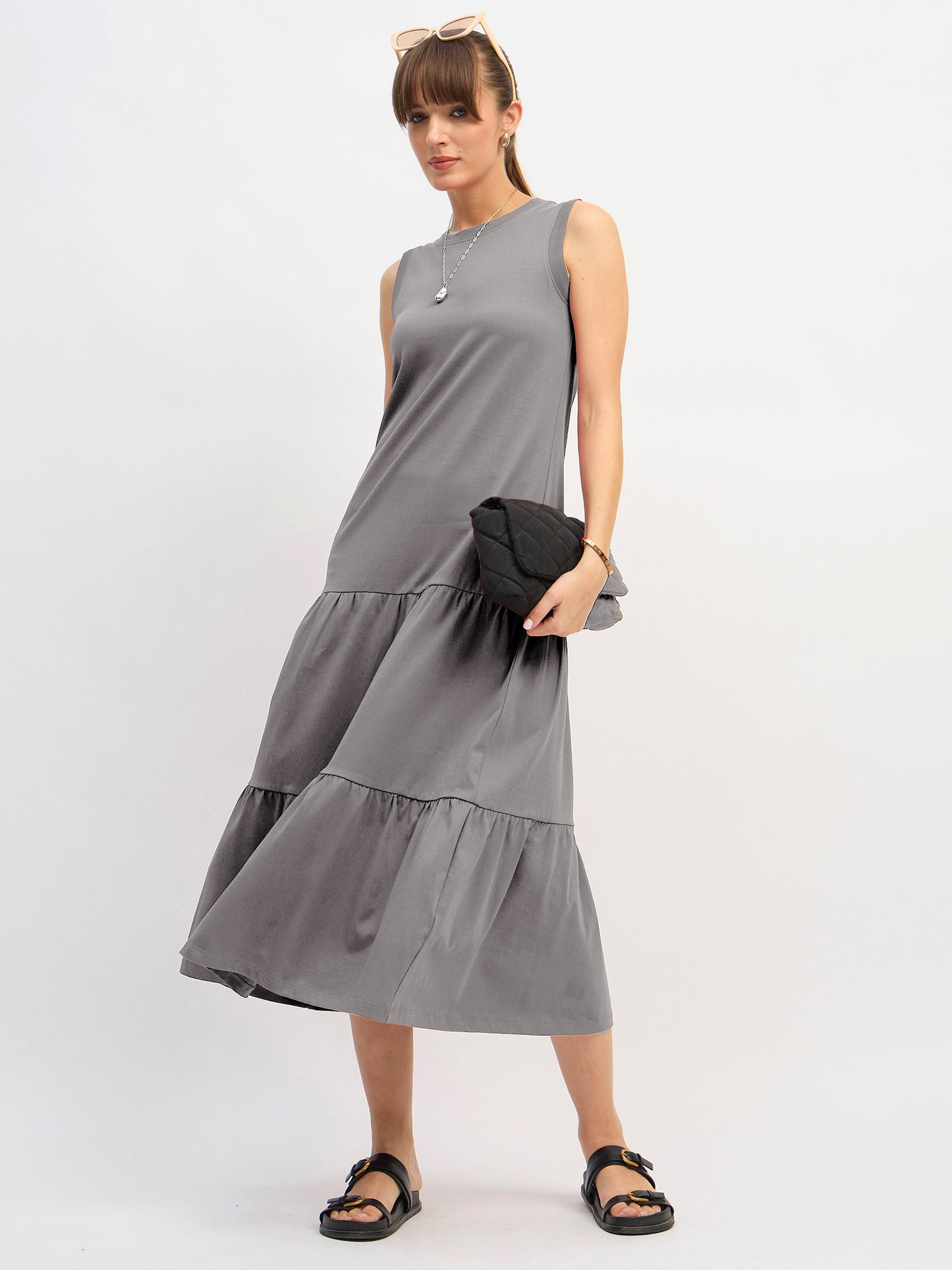 Women Grey Sleeveless Tiered Midi Dress