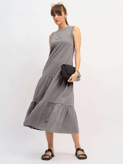 Women Grey Sleeveless Tiered Midi Dress