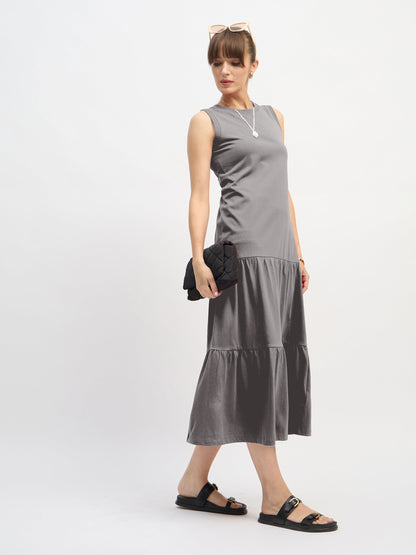 Women Grey Sleeveless Tiered Midi Dress