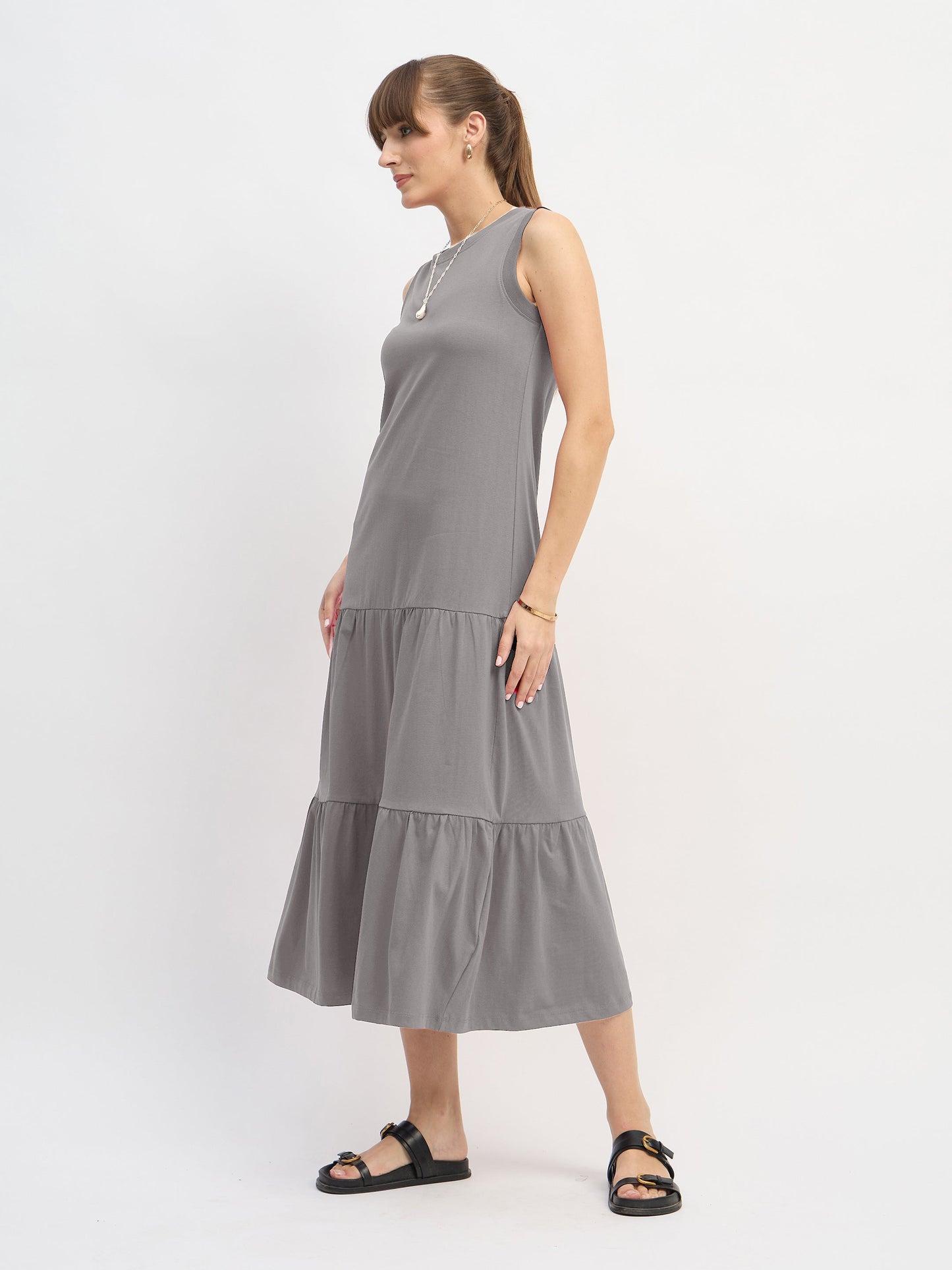 Women Grey Sleeveless Tiered Midi Dress