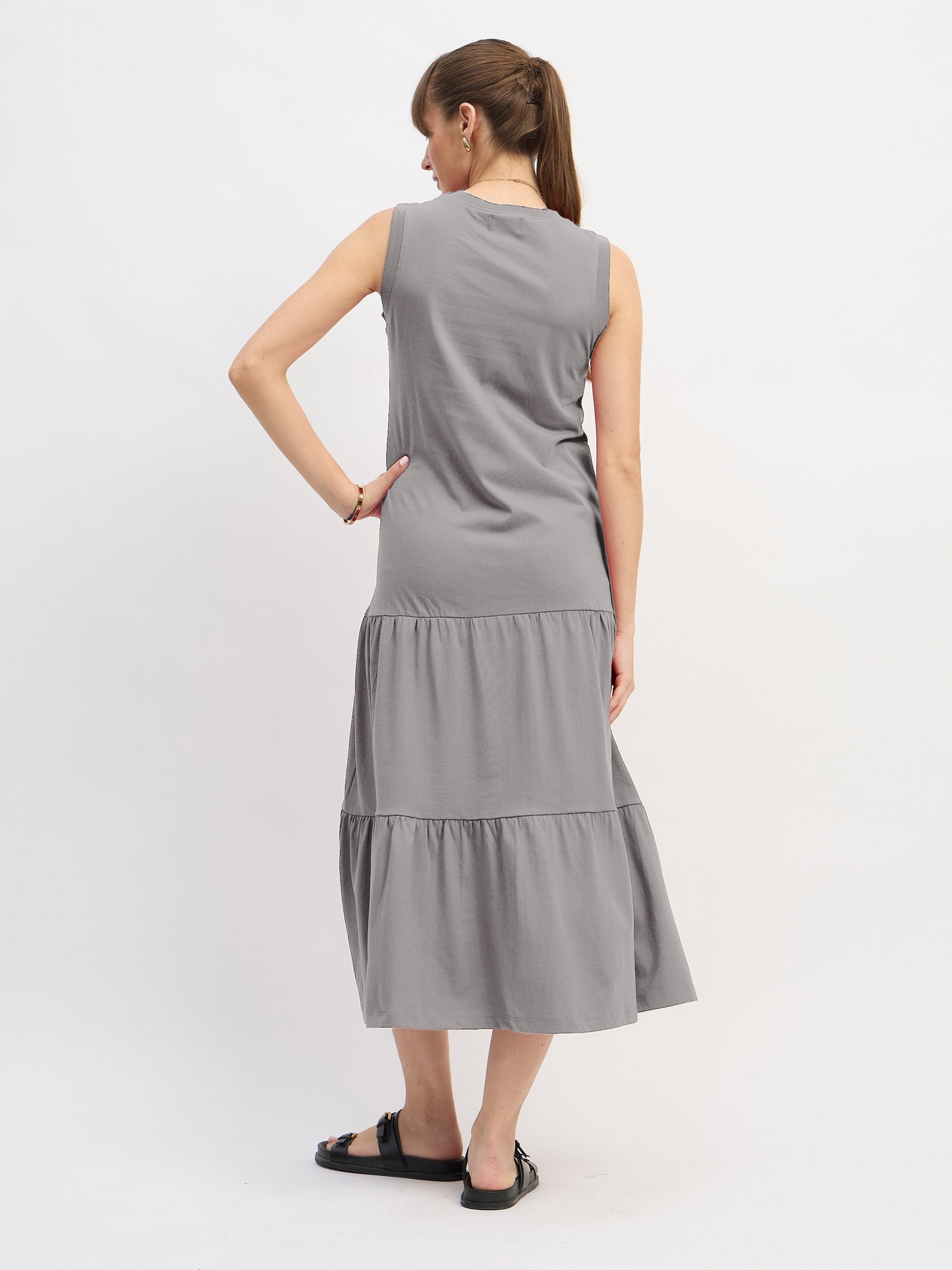 Women Grey Sleeveless Tiered Midi Dress
